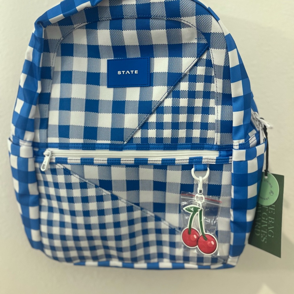 NWT STATE Intarsia Kane Kids Double
Pocket Blue & White Gingham Backpack